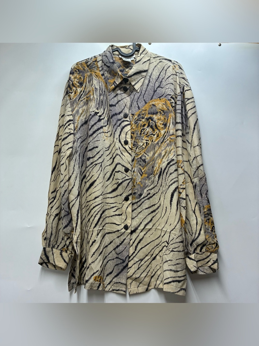 Vintage 80s Regina Porter Large Silk AOP Animal Tiger Button Up Blouse Top